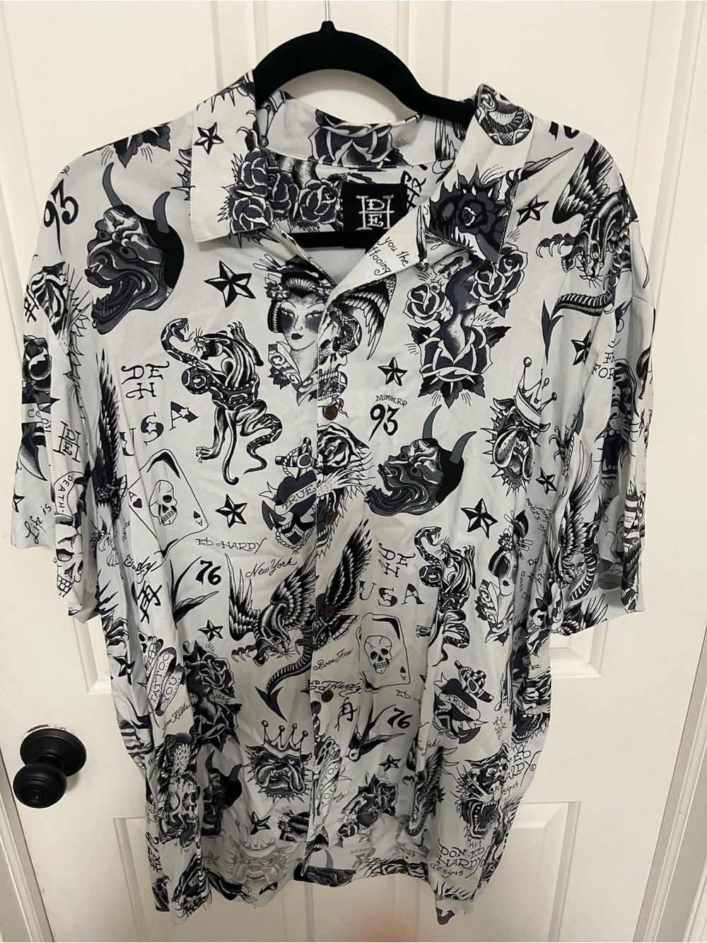 Ed Hardy White & Black Tattoo-Print Short Sleeve Button-Down